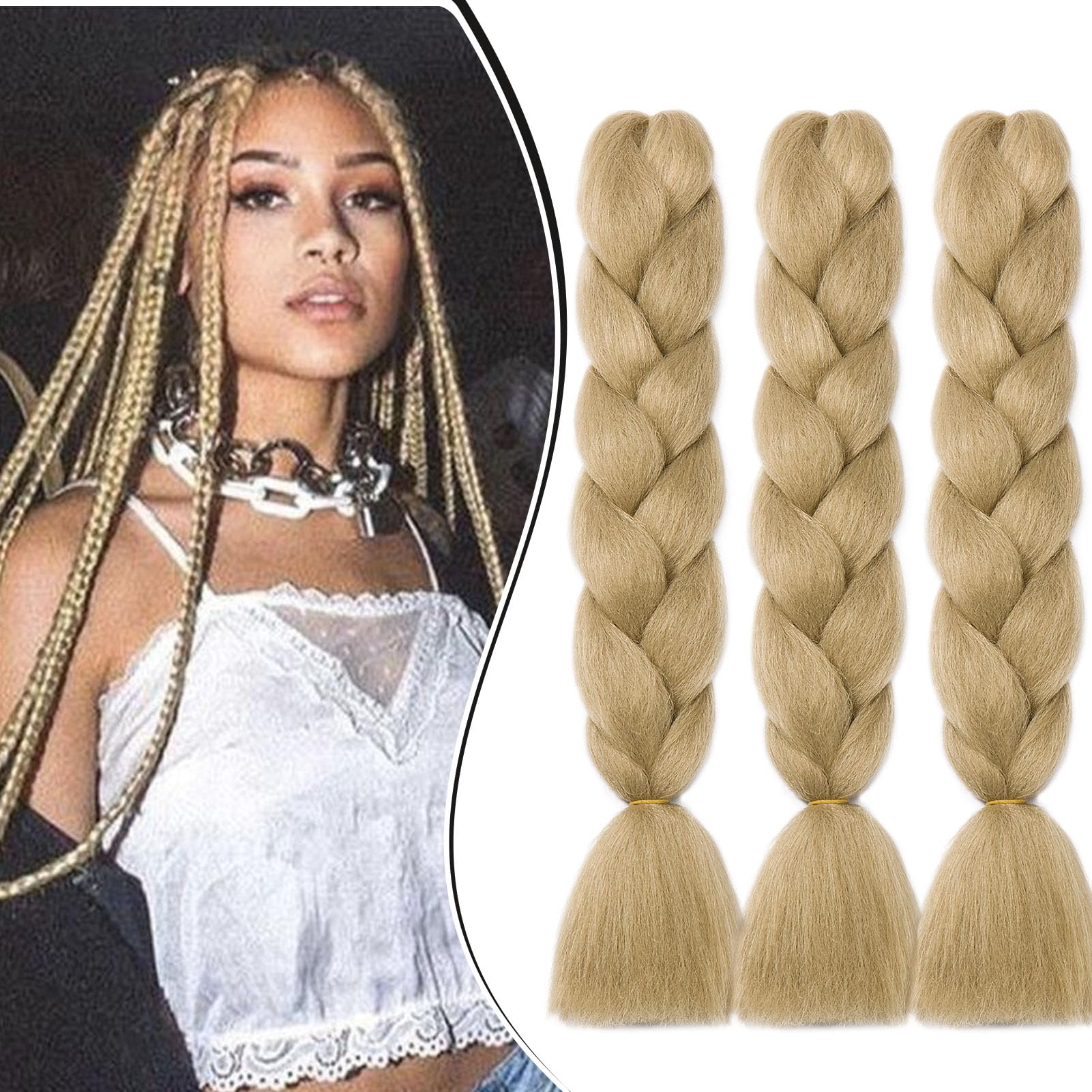 Dcbaboo Jumbo Braiding Hair Extensions 3packs 24inch Synthetic Hair Kanekalon Ombre Braids Afro Crochet Braids Twist Hair Extensions 300g, Ash Blonde — image 1