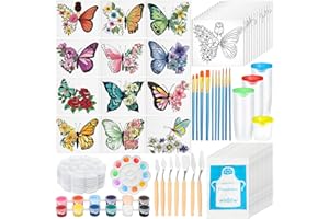 Qeeenar 12 Pack Sip and Paint Kit Pre Drawn Canvas for Painting Supplies Include Canvas Pen Buckets Brushe Palettes Paint Knives Smock Acrylic Paints(Butterfly,8 x 10'')