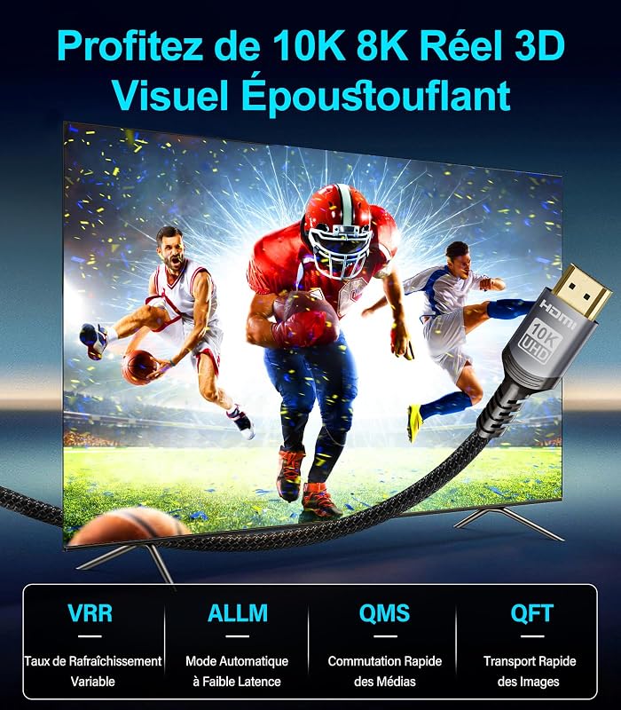 10K 8K 4K Câble HDMI 2.1 48Gbps 1M Certifié Ultra Haute Vitesse