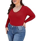 FOREYOND Women's Plus Size Long Sleeve Shirt V Neck Slim Fitted Tshirts Casual Basic Bodycon Basic Tops Undershirts