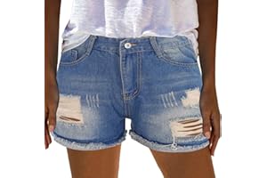 ENTIBKW Ripped Distressed Denim Shorts for Women Mid Rise Stretchy Jean Shorts Summer Casual Frayed Raw Rolled Hem Hot Shorts
