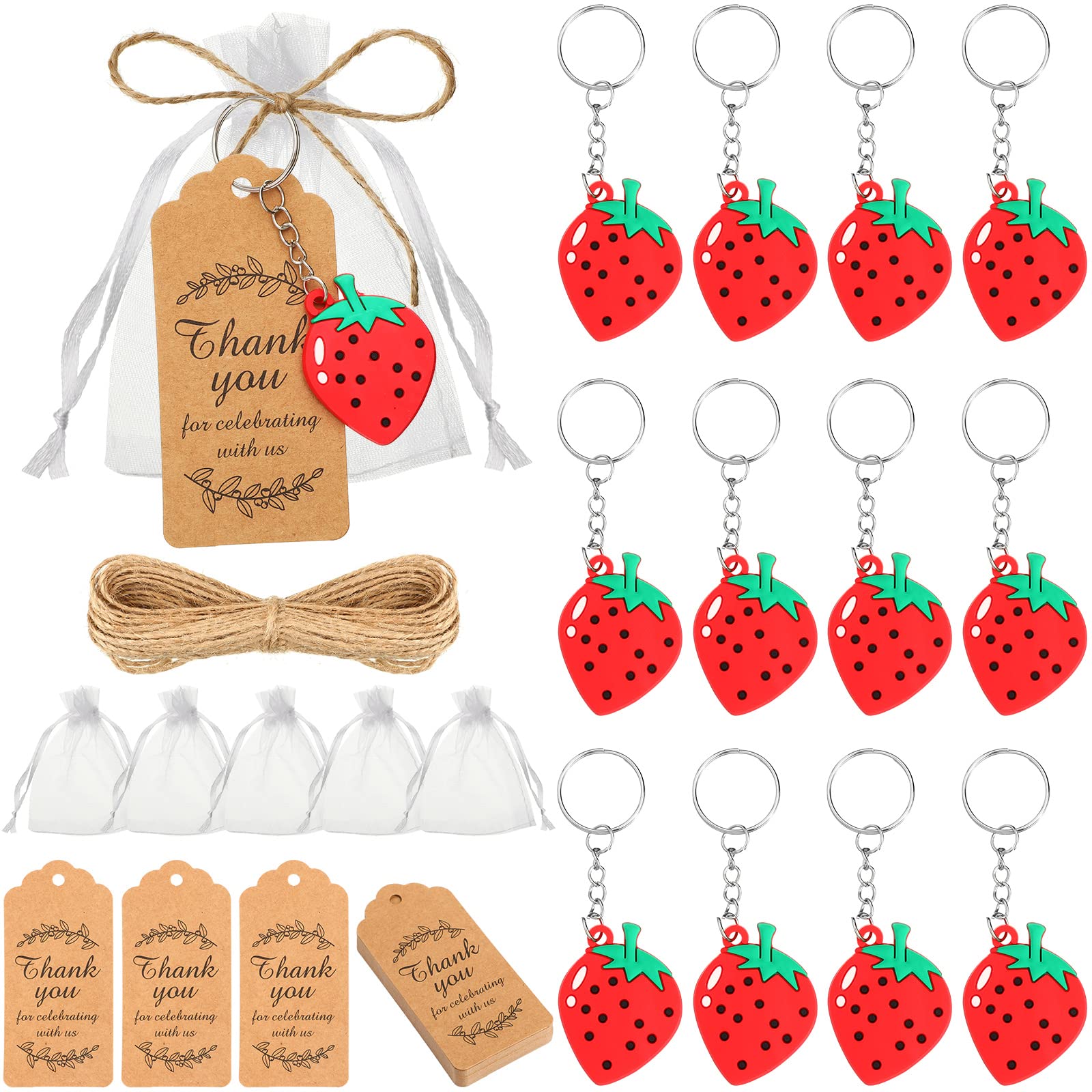 Photo 1 of Jadive 24 Sets Strawberry Keychains Party Favors with Thank You Tags Organza Bags for Berry Baby Shower Bridal Shower Wedding Anniversary Birthday Party Supplies