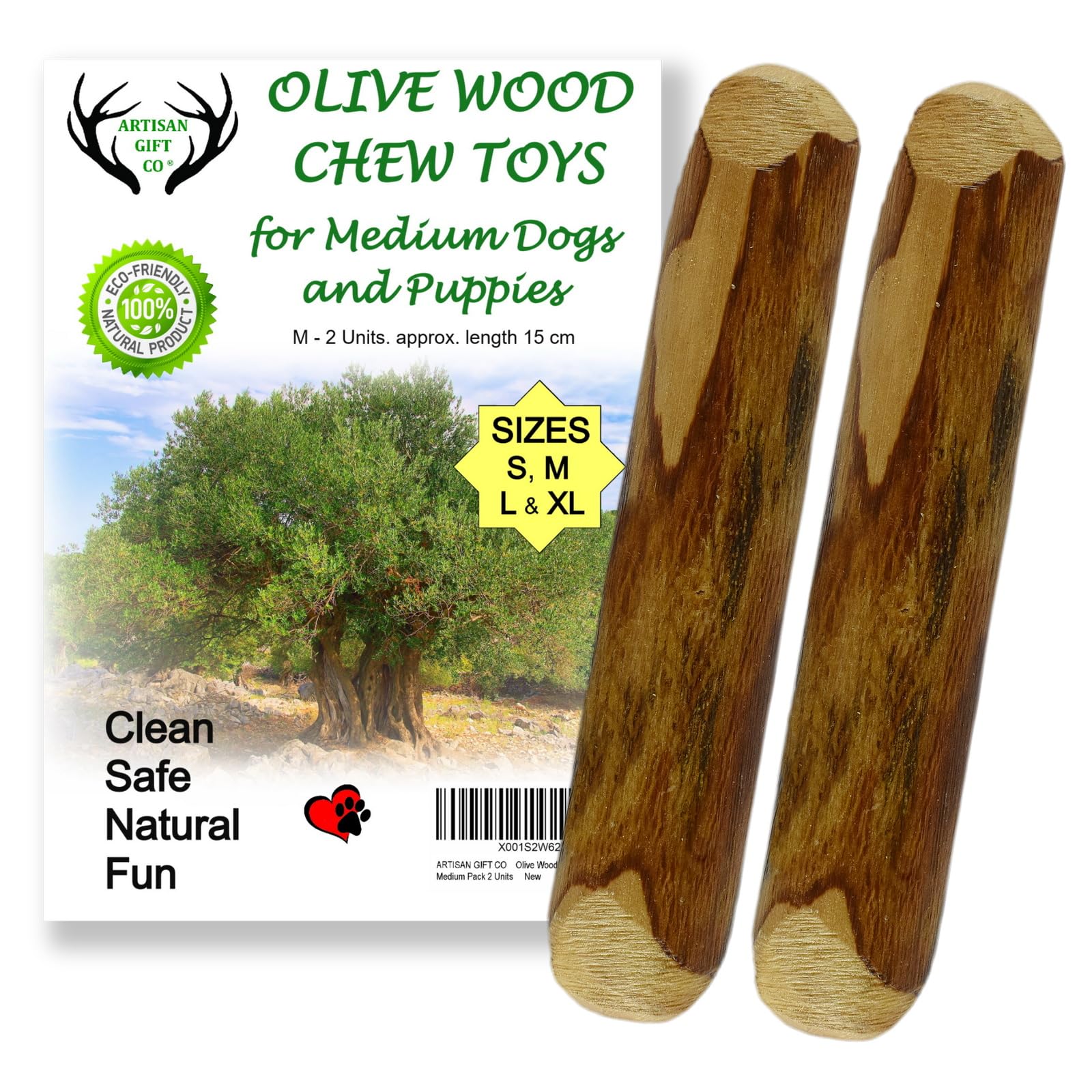 ARTISAN GIFT CO Natural Olive Wood Long Lasting Dog Chew, Puppy Teething Toy, Saving Pack 2 Sticks (Medium) 15cm