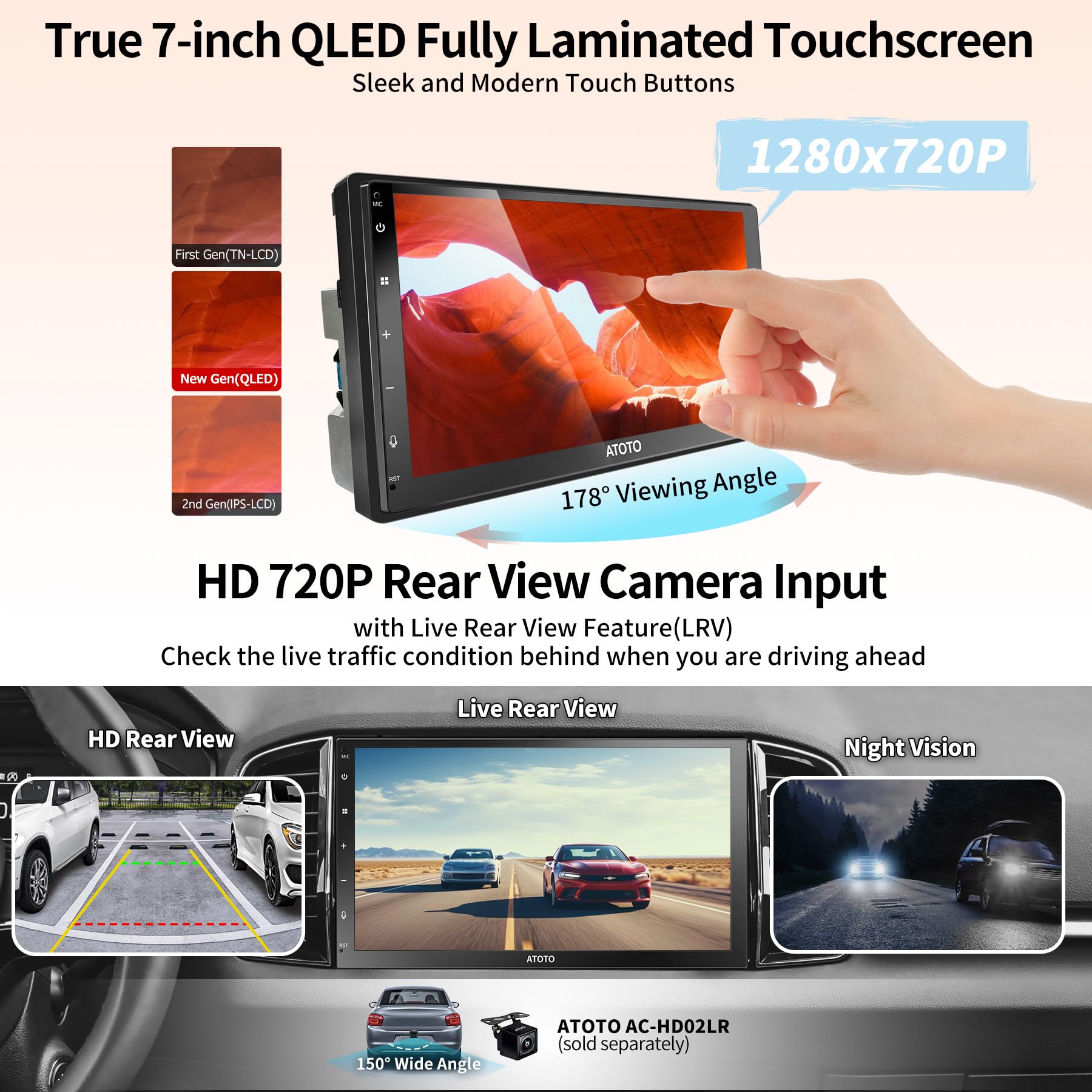 ATOTO A6 7inch Double DIN Android Car Stereo 1280 * 720 QLED Touchscreen, Wireless CarPlay & Wireless Android Auto, 4G+64G, Dual Bluetooth, MirrorLink, GPS Tracking, WiFi/BT/USB Tethering, A6G2C7PP