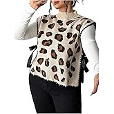 SOLY HUX Women's Plus Size Leopard Sweater Vest Cheetah Print Bow Tie Side Mock Neck Sleeveless Knit Going Out Tops