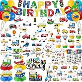 Transportation Birthday Decorations, All-in-1 Cars Birthday Decorations with Balloons Vehicle Plates Napkins Cups Cake Toppers Honeycombs Tablecloth and Banner for Boy Truck Themed Party, Serve 24
