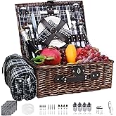 Neti Neti Wicker Picnic Basket for 4 with Insulated Cooler & Waterproof Blanket – Large Willow Picnic Hamper for Outdoor, Camping, Beach, Romantic Dates, Valentine’s Day