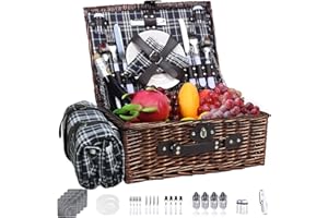 Neti Neti Wicker Picnic Basket for 4 with Insulated Cooler & Waterproof Blanket – Large Willow Picnic Hamper for Outdoor, Camping, Beach, Romantic Dates, Valentine’s Day
