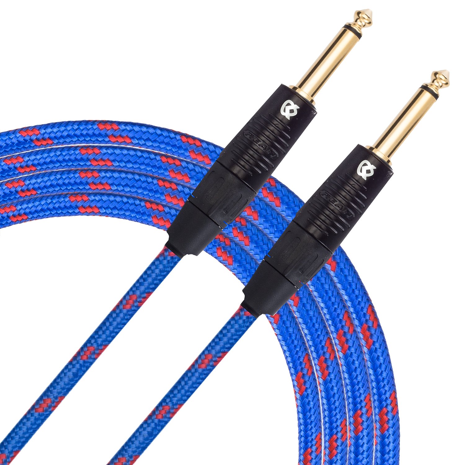 KLIQ Music Gear Guitar Instrument Cable, 10 Ft - Custom Series with Premium Rean-Neutrik 1/4" Straight Gold Plugs 10 Feet Blue/Red Tweed