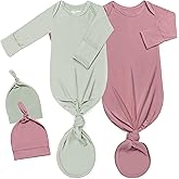 2Pk Newborn Baby Knotted Gown, Super Soft Silky Infant Long Sleeve Sleeper for Baby Sleeping with Hat Light Green+Deep Pink(2 Packs 0-3 Months)