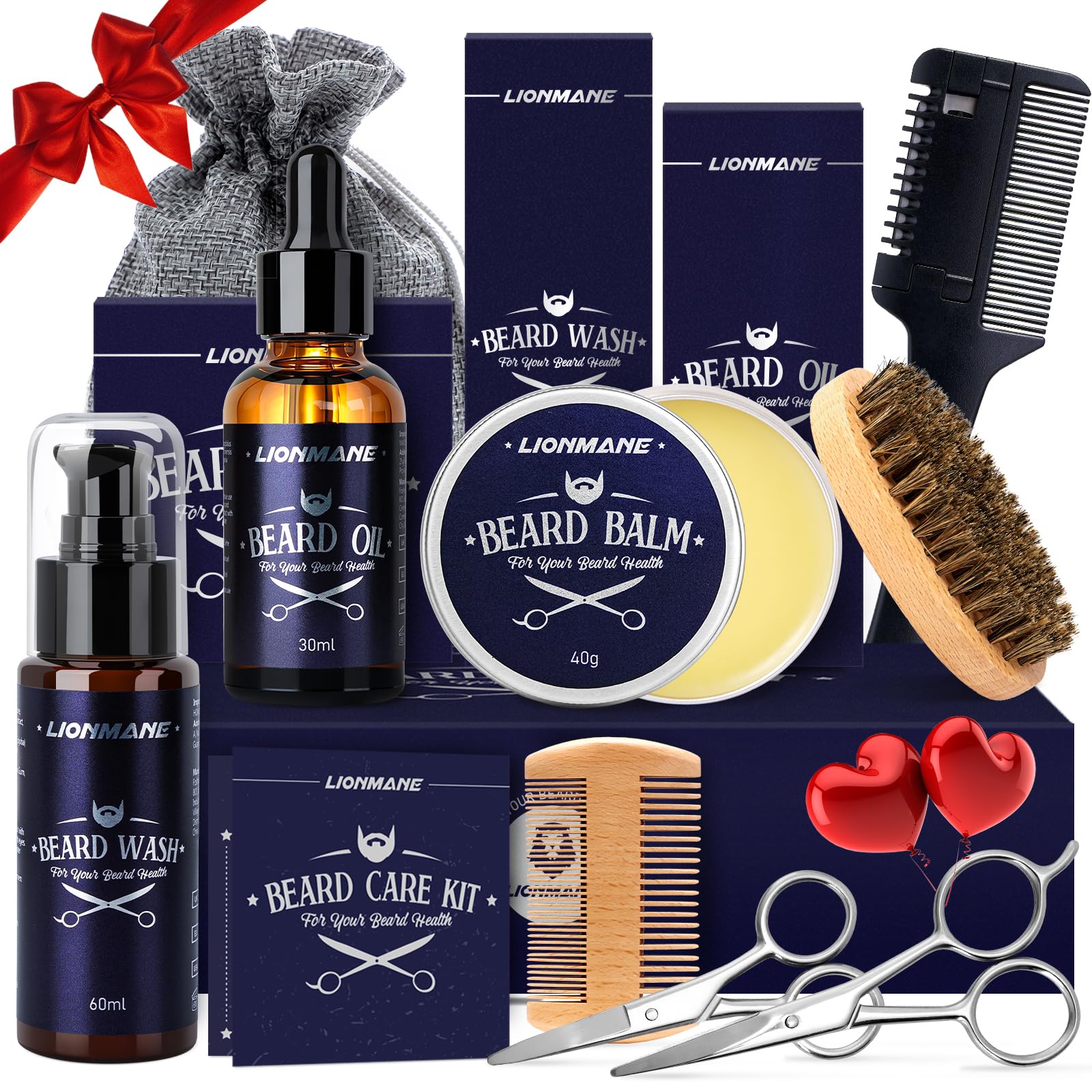 Beard Care Kit for Men, LIONMANE Beard Grooming Kit-Beard Balm,Beard Wash & Oil,Comb, Brush,Scissors,Hair Thinning Comb, Beard Trimming Set,Anniversary Birthday Gifts for Him/Husband/Boyfriend/Dad