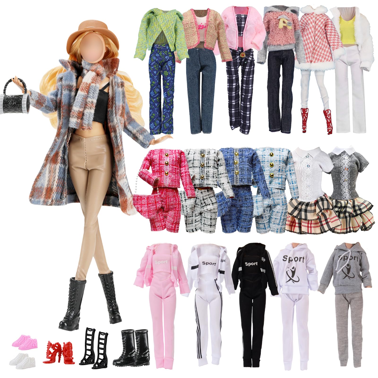 14 Pcs Doll Clothes and Accessories for 11.5 inch Doll Include 1 Plaid Coat Set 1 Winter Set 1 Sports Outfit 1 Dress 2 Bags 5 Shoes 1 Hat 1 Scarf In Random, for Girls