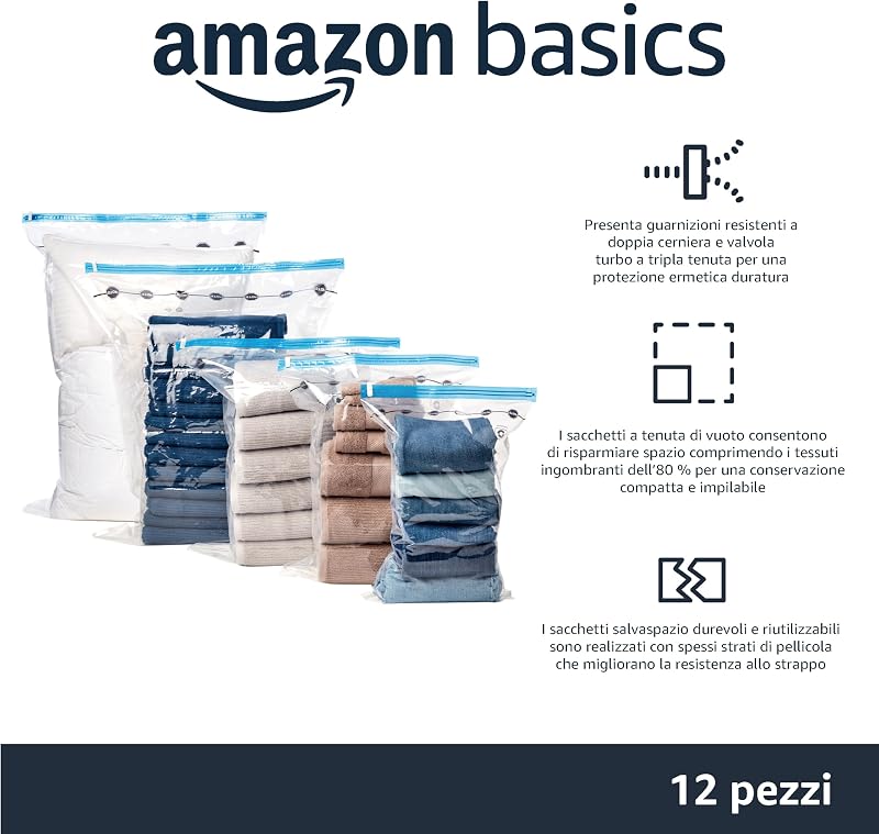 Sacchetti sottovuoto con pompa a mano, Molteplici, Cerniera, confezione da 12 (3 jumbo, 3 grandi, 3 medi, 3 piccoli), Trasparente