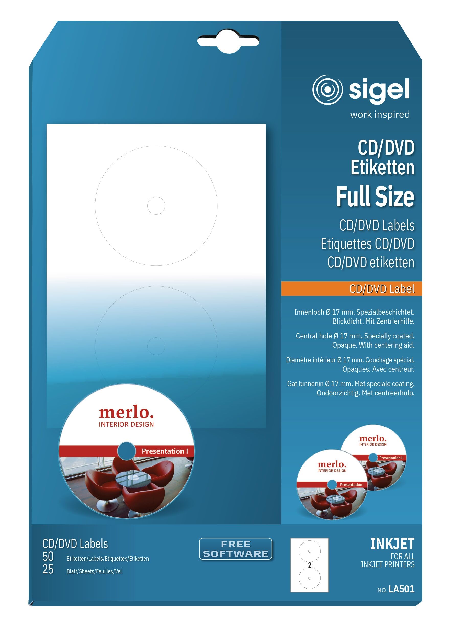 SIGEL LA501 CD/DVD Labels with centering aid, Ø 11.7 cm (center Ø 1.7 cm), 50 lbl equal to 25 sheets, White