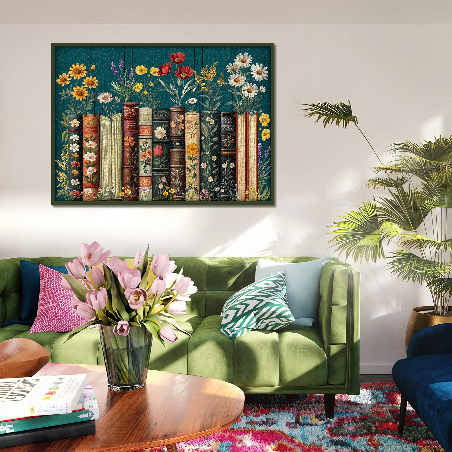 Vintage Wildflower Book Puzzles for Adults 1000 Pieces, Plant Floral Books Pages Jigsaw Puzzle, Retro Bookshelf Puzzles with Blossoming Wildflowers, Botanical Literary Theme Puzzle for Book Lovers