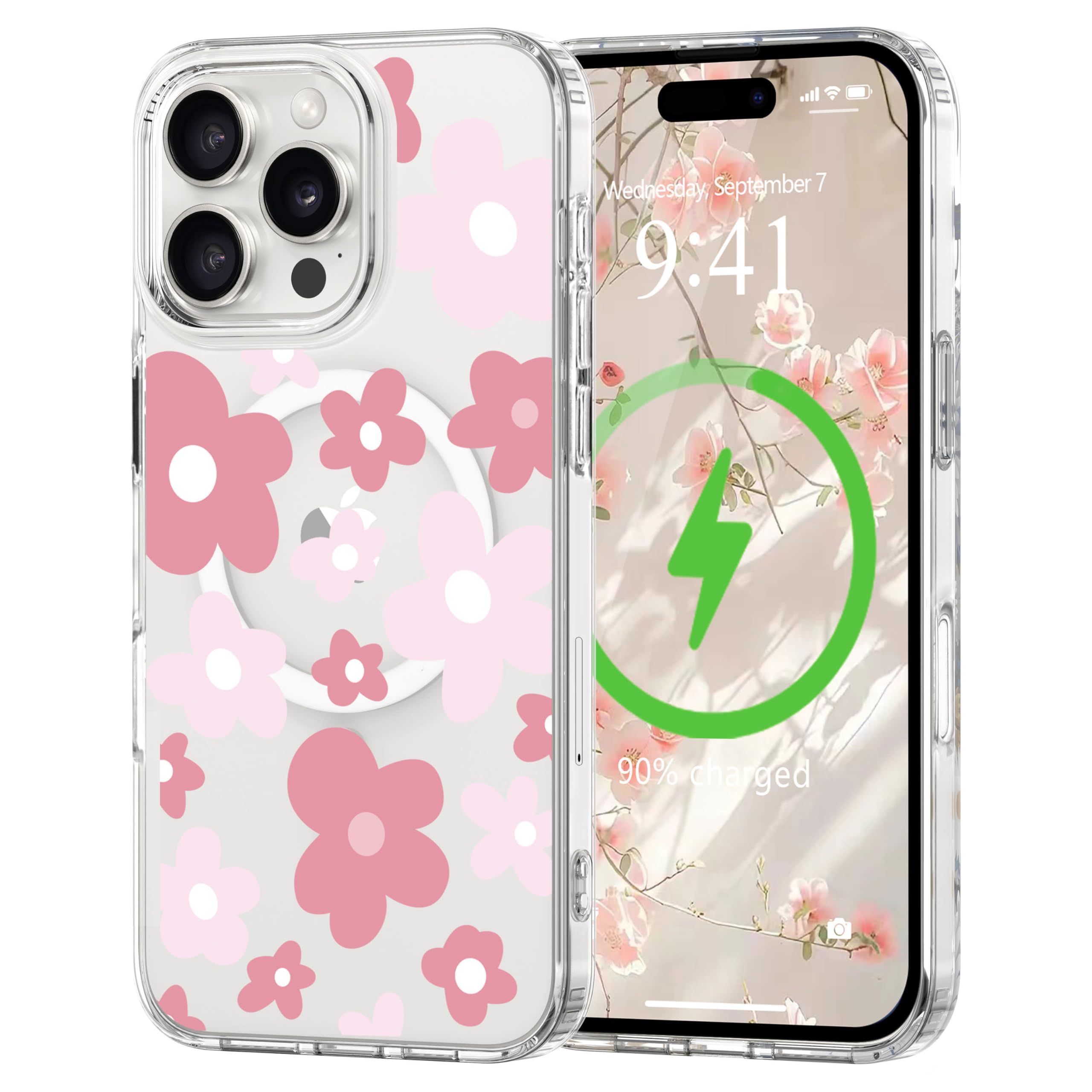 L-FADNUT for iPhone 16 Pro Case [Compatible with Magsafe], Cute Flower Girls Women Clear Case Silicone Shockproof Protective Cover with Pretty Floral Pattern for iPhone 16 Pro,Pink