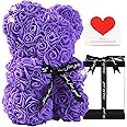 Rose Bear - Rose Flower Bear Hand Made Rose Teddy Bear - Gift for Valentines Day, Mothers Day, Wedding and Anniversary & Bridal Showers - w/Clear Clear Gift Box 10 Inch (Purple)