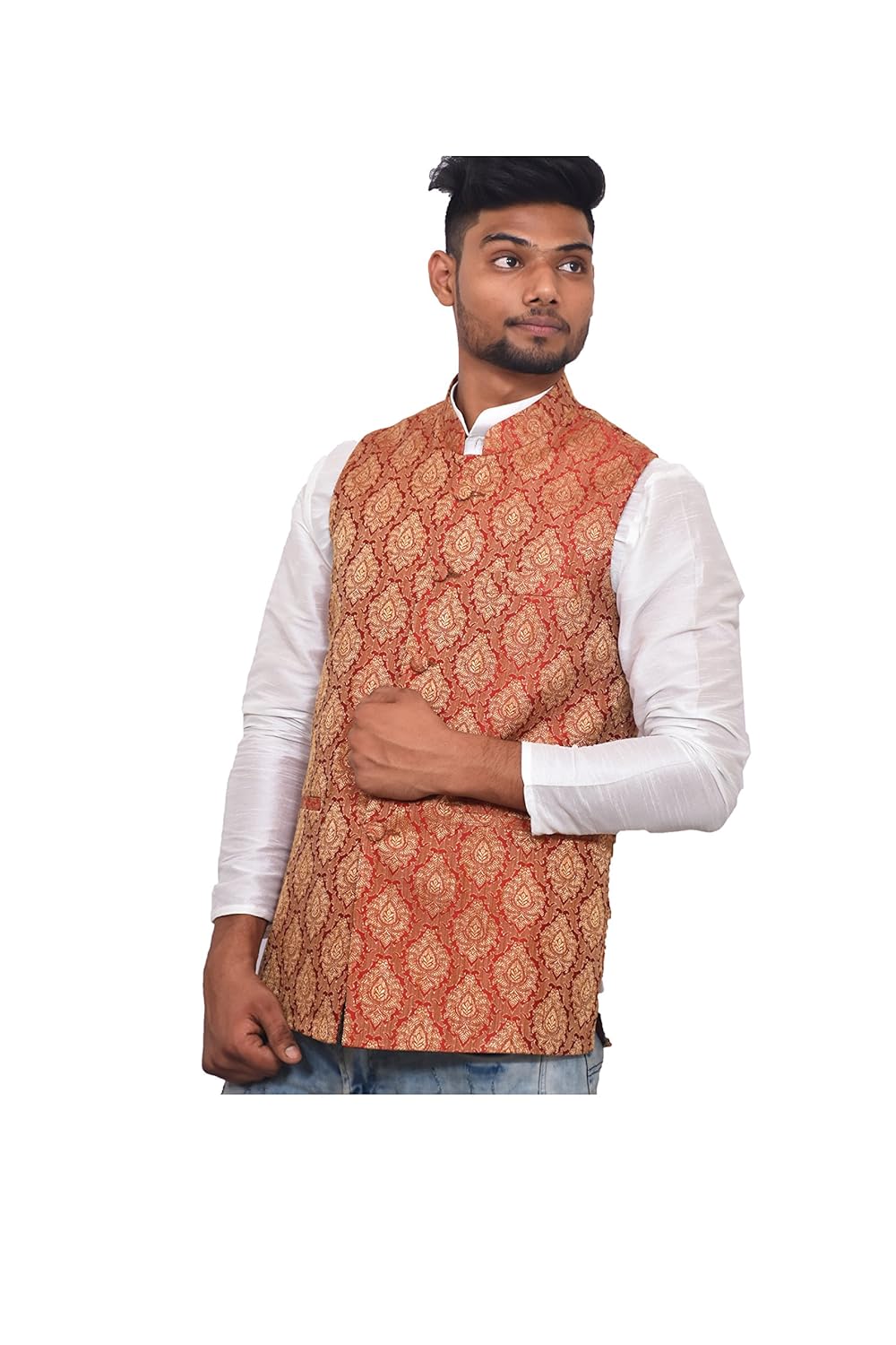 unm men's designer red silk blend dupion nehru and modi jacket