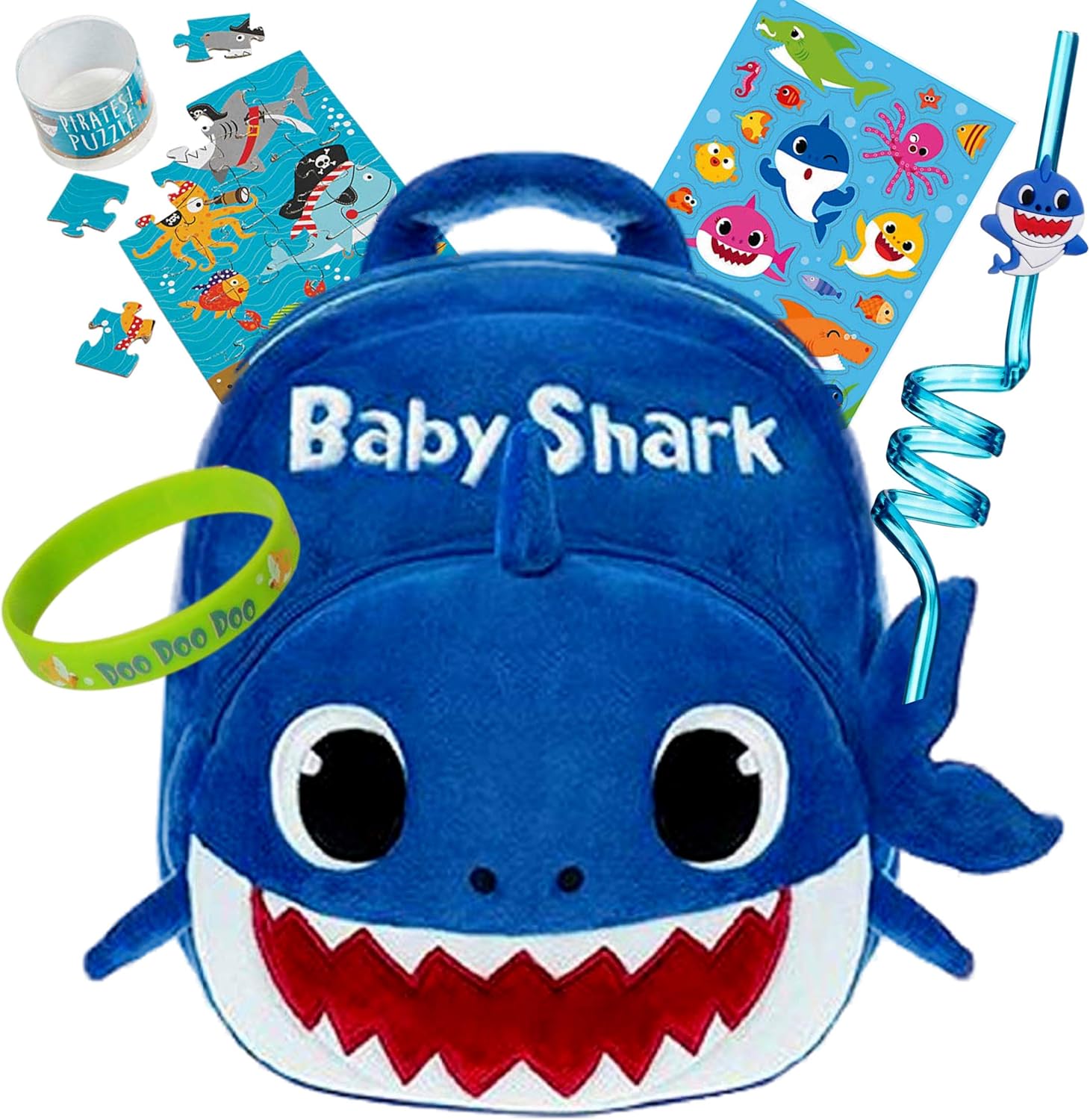Q&M Novelties Baby Shark Backpack Gift Set Bundle (5 Pack), Kids Baby Shark Toys Plush Toddler Play Set