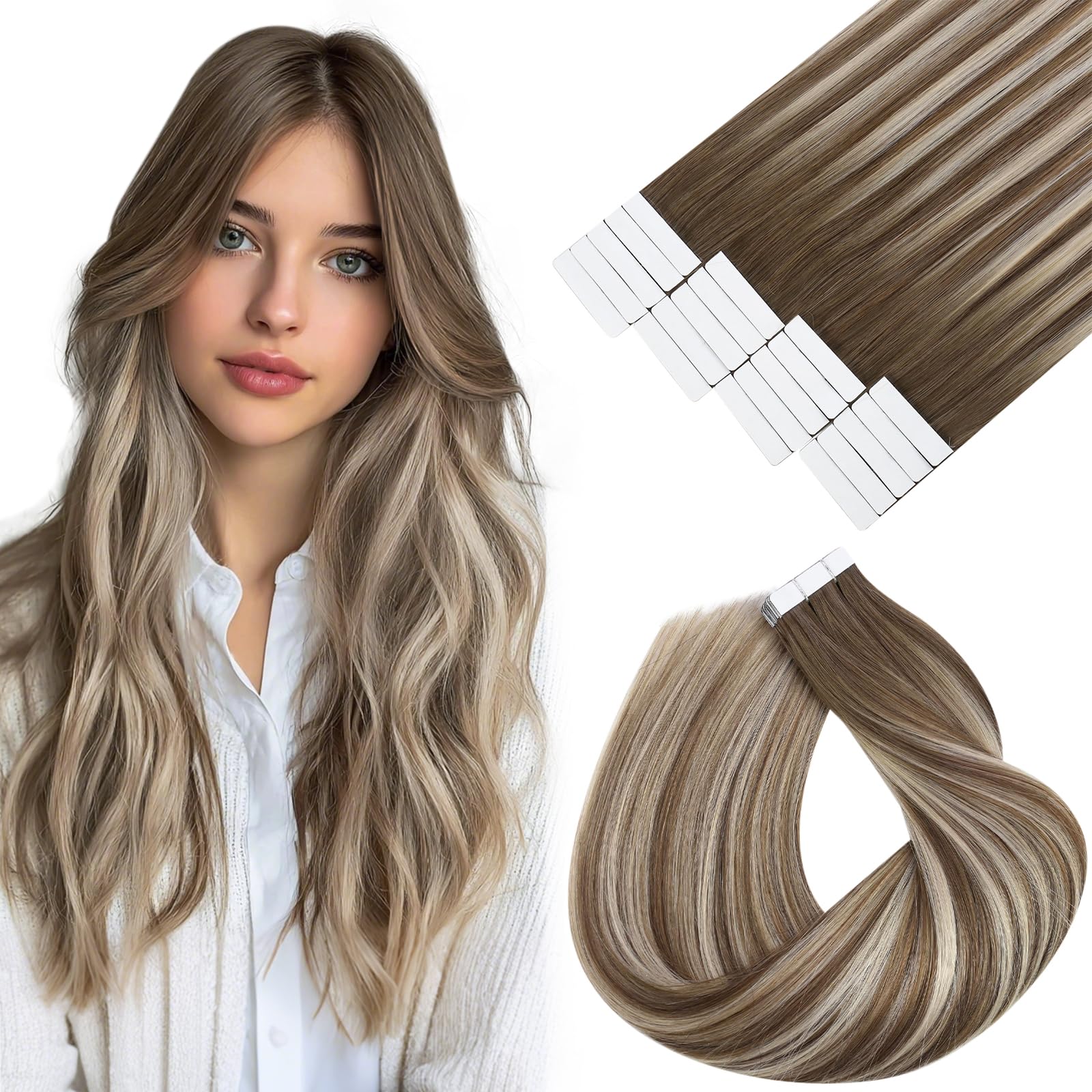 Vivien 22 Inch Human Hair Extensions Tape in Balayage Light Brown to Platinum Blonde Tape in Hair Extensions Ombre Brown Double Sided 50g 20pcs #6/60/6 — image 1
