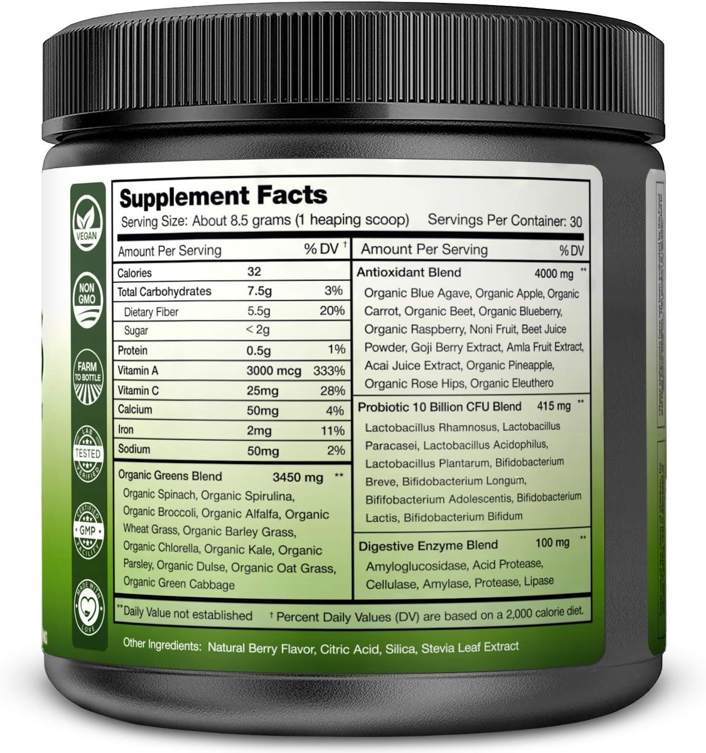 Super Greens Powder Premium Superfood - 20+ Organic Green Veggie Whole Foods - Wheat Grass, Spirulina, Chlorella & More - Antioxidant, Digestive Enzyme & Probiotic Blends | Vegan Juice Supplement: Health & Personal Care