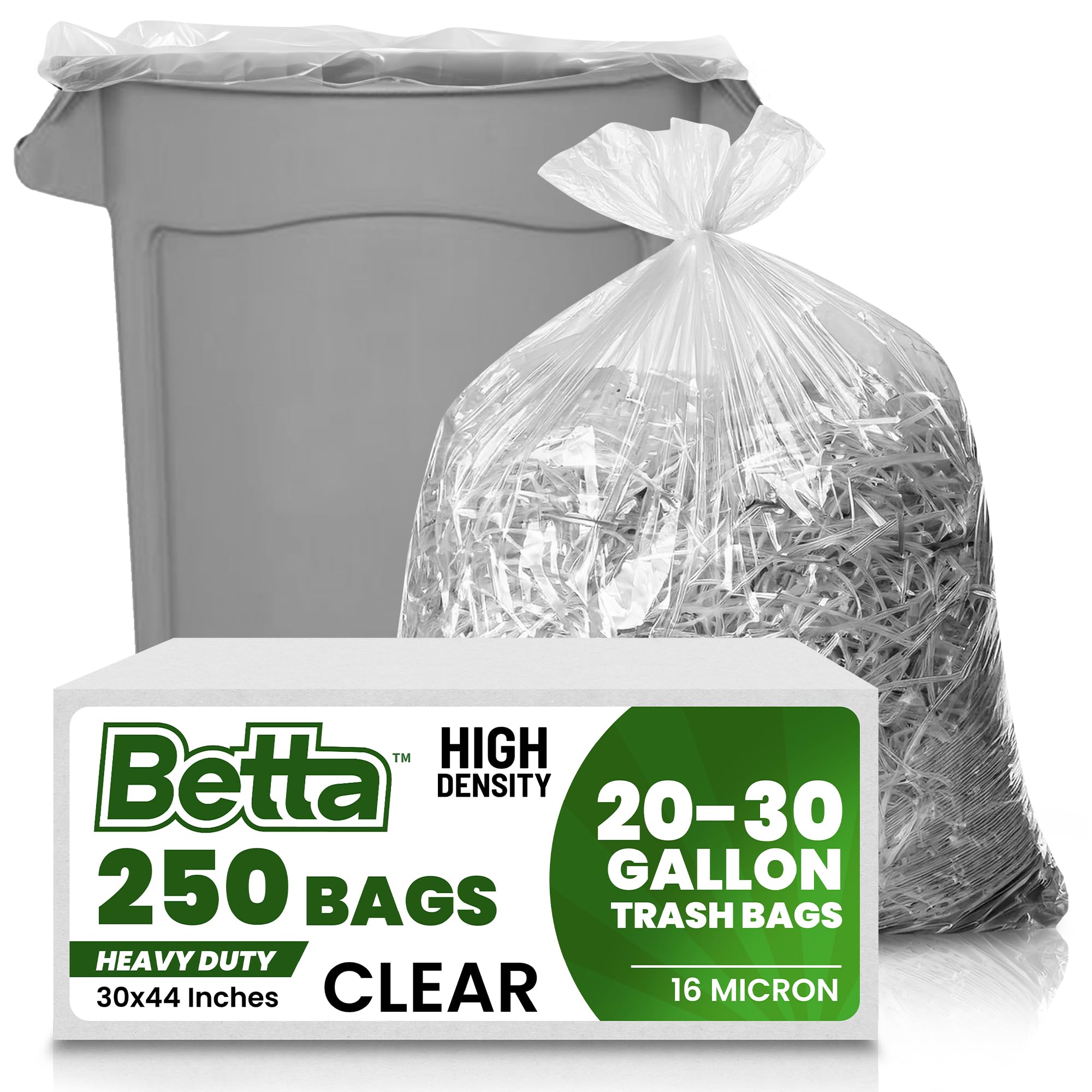 Photo 1 of Betta 20-30 Gallon Clear Trash Bags, 250 Count Box, (30x44-inch) Commercial Heavy-Duty Garbage and Recycling Can Liners 16-20 Gallon Round Cans, 15-23 Gallon Slim and Square Cans