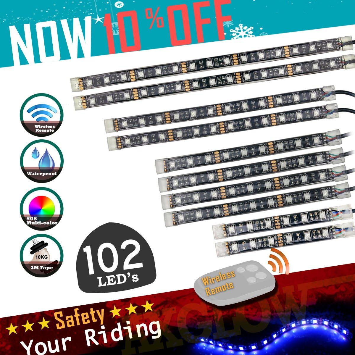 AXGLOW 10PCS Motorcycle LED Light Kits RGB-Color Flexible and Waterproof Strips 102 LED lights with 1 PCS Remote Controller