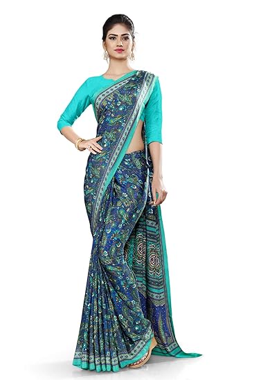 Uniform Sarees Corp Womens Paisley Print Italian Crepe Teachers Uniform Saree With Blouse (Blue;Green)