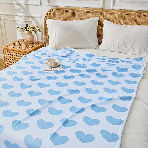 FY FIBER HOUSE HEART FLANNEL KING BLANKET SOFT COZY BLANKETS FOR LOVER GIFTS ALL SEASON USE, 90X108 INCHES, BLUE