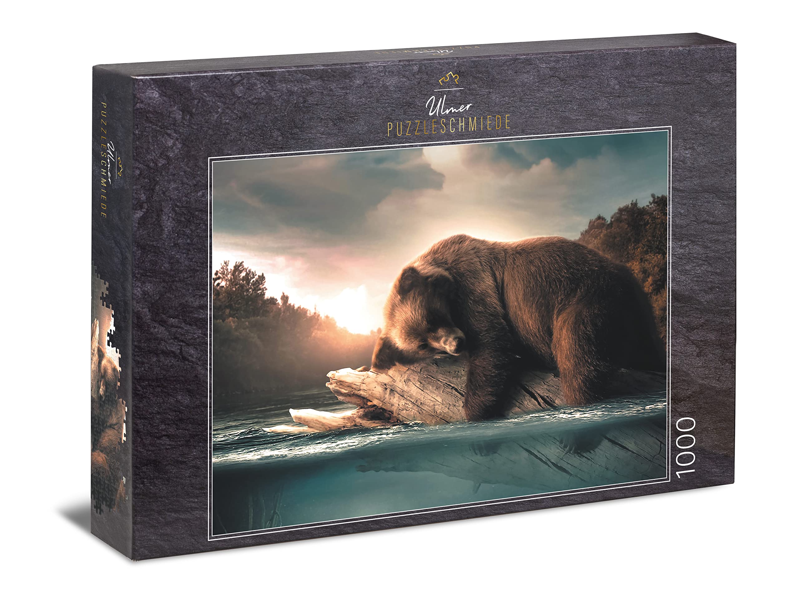 Ulmer Puzzleschmiede - Dreamy 1000 Piece Animal Puzzle - The Sleeping Bear on a Tree Trunk in a Lake in Nature of Canada