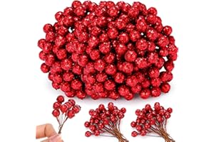Knitgrip 500 Pcs Artificial Holly Berries, Mini 10 mm Christmas Fake Berry with Stem Berry Picks for Xmas Tree Home Decoration Wreath DIY Craft Winter Holiday Party(Red,Glitter)