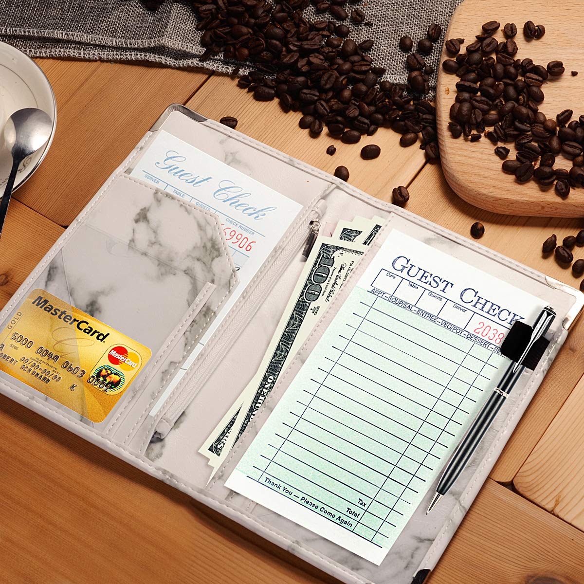 Marble Style Server Book - Nine Pockets - Zipper Pouch - Pen/Order Pad/Card Holder - Classy White - PU Leather Flaps - Signature Style - Deluxe Elegant