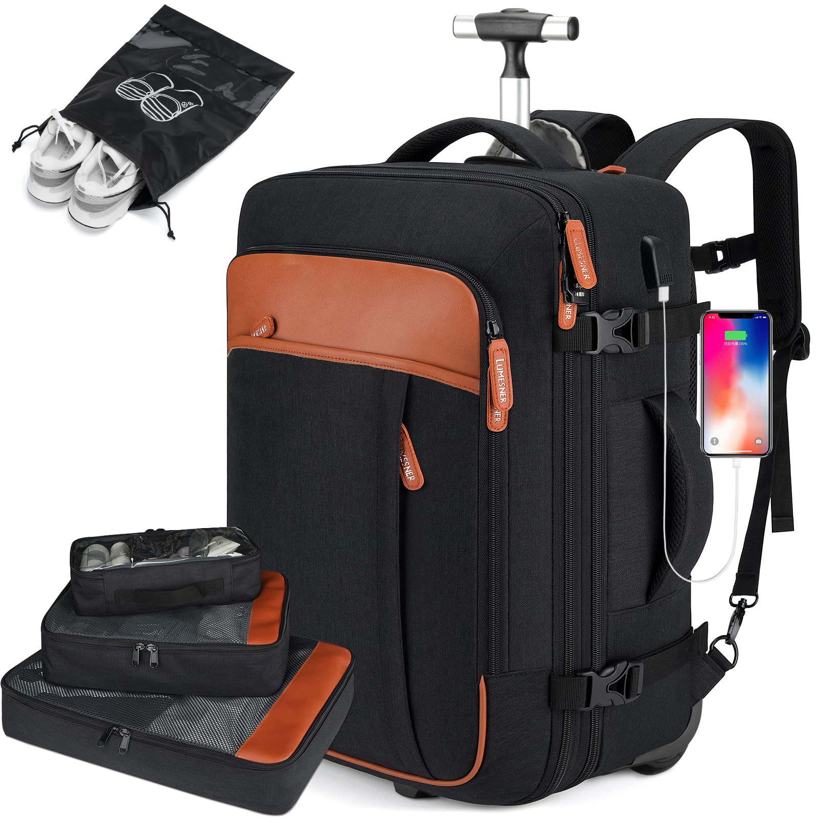 Photo 1 of Rolling Backpack for Men & Women, 42L Carry-On Travel Backpack with Wheels, 17.3 Inch Laptop Compartment, Water Resistant Wheeled Bag with USB Port, 4 Packing Cubes, Black(14×9×20 in, 6.6 lb)