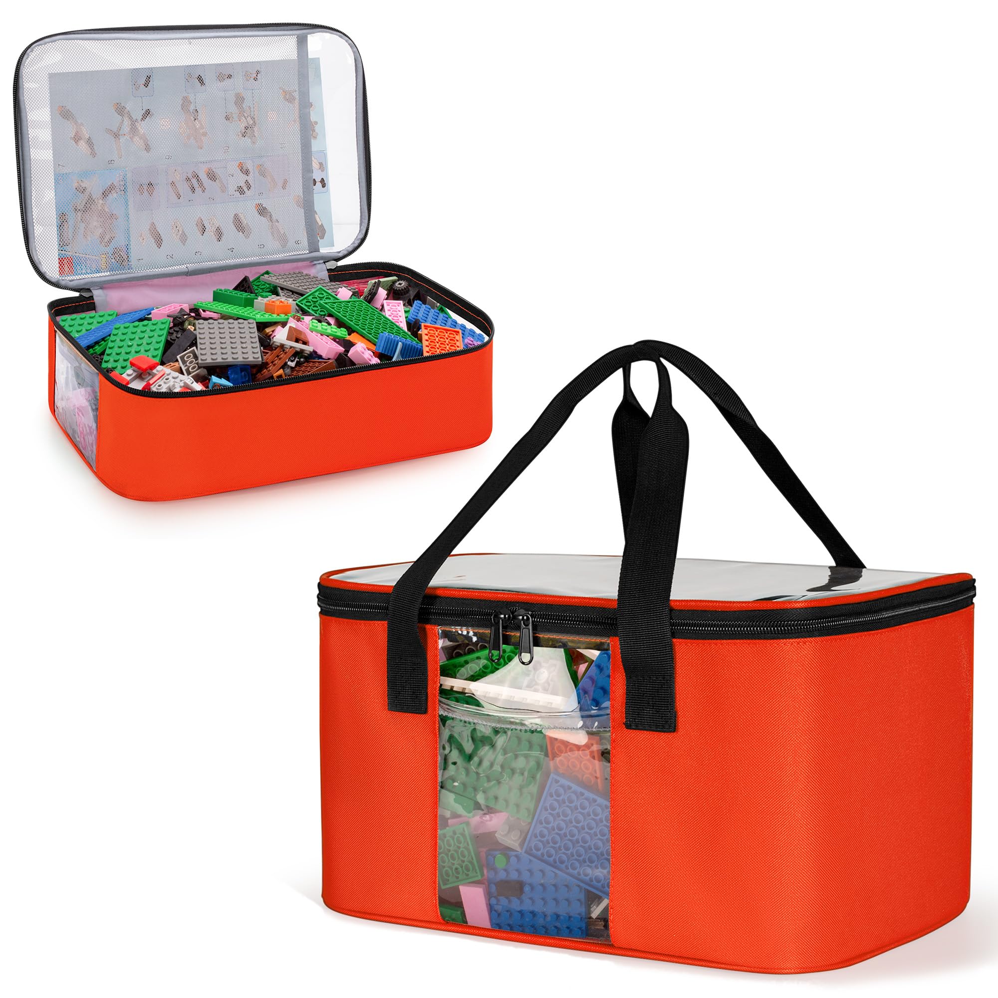Rexmica 2 Pcs Large Toy Travel Bags for Building Bricks, Toy Storage Organiser Bag for Building Blocks, Magnetic Blocks, Toy Cars, Dolls, Crafts, Board Game Storage with Visible Top, Orange