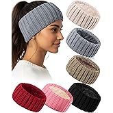 Geyoga 6 Pack Winter Headbands Ear Warmers Bulk Knit Fleece Lined Headband Thick Fuzzy Cable Crochet Warm Cold Weather Earmuffs Gifts for Women Men Cold Weather Christmas Stocking Stuffer, 6 Colors