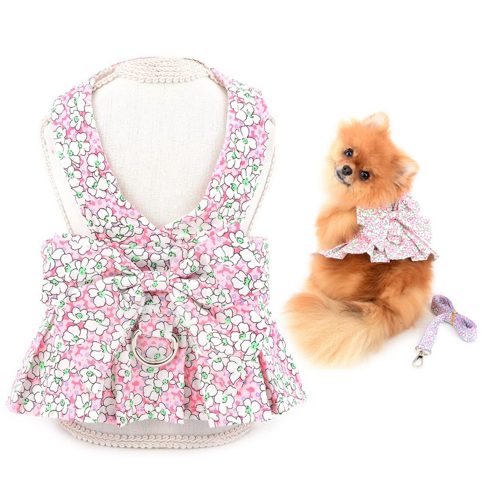 SMALLLEE_LUCKY_STORE Dog Floral Harness Dress with Leash Set,Puppy Bow Princess Dress for Small Medium Dog Cat Girls Adjustable Puppy Skirt with D-ring Female Dog Clothes Summer Pet Apparel,Pink,M