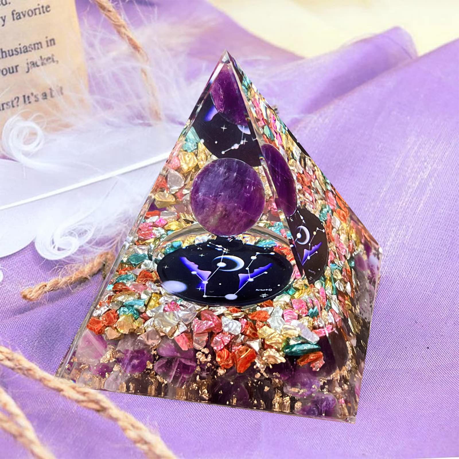 Crystal Pyramid, Amethyst Zodiac Gemini Orgone Pyramid, Healing Crystal, Postive Energy Orgonite Healing for Yoga, Meditation, Stress Reduce (Gemini)