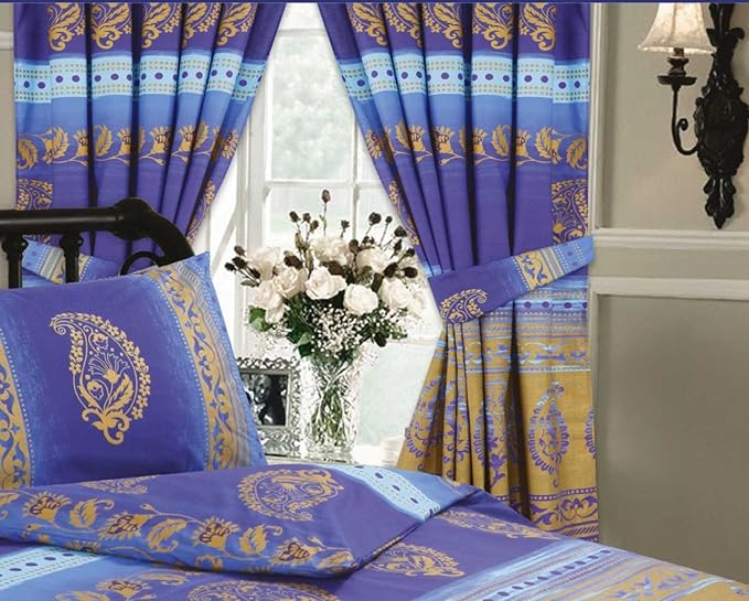 Kashmir Blue, 66"x72" Curtains + Matching TieBacks, Ethnic Asian