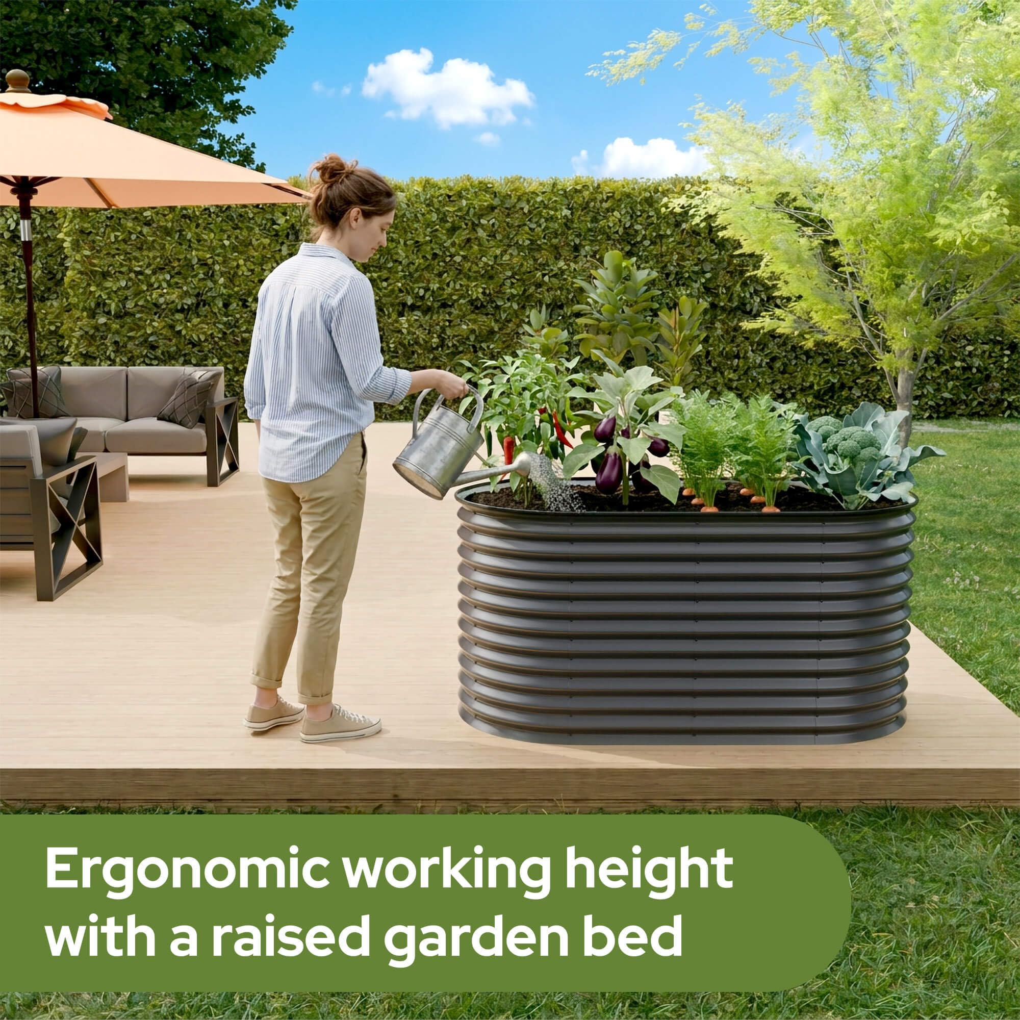 Arebos Hochbeet oval Metall 160x80x78 cm Anthrazit | Gartenbeet verzinkter Stahl rostfrei mit Gummikante 780 L, Stabil mit Querstreben | Gemüsebeet ideal für den Garten | für Gemüse, Kräuter & Blumen 7