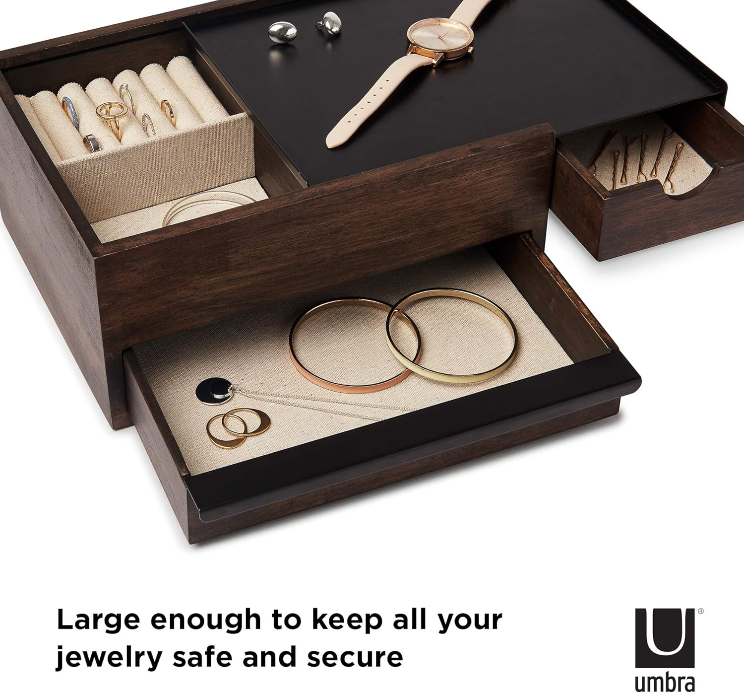 Umbra Jewelry Box - Modern Keepsake Storage Organizer with Hidden Compartment Drawers for Ring, Bracelet, Watch, Necklace, Earrings, and Accessories, Stowit, Black/Walnut: Home & Kitchen