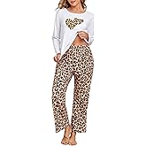 Donnalla Womens Pajama Sets Cotton 2 Piece Leopard Pj Set Long Sleeve Lounge Set Soft Loungewear Sleepwear with Pockets