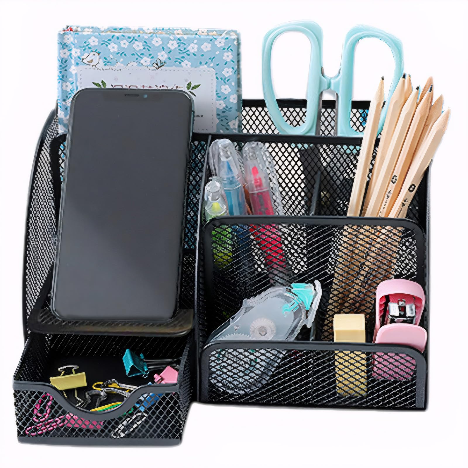 WUPYE Desk Organiser with Drawer and Compartments, Small Mesh Office Desk Accessories Supplies, Metal Black Stationary Pencil Pen Holder for desk organisers and storage
