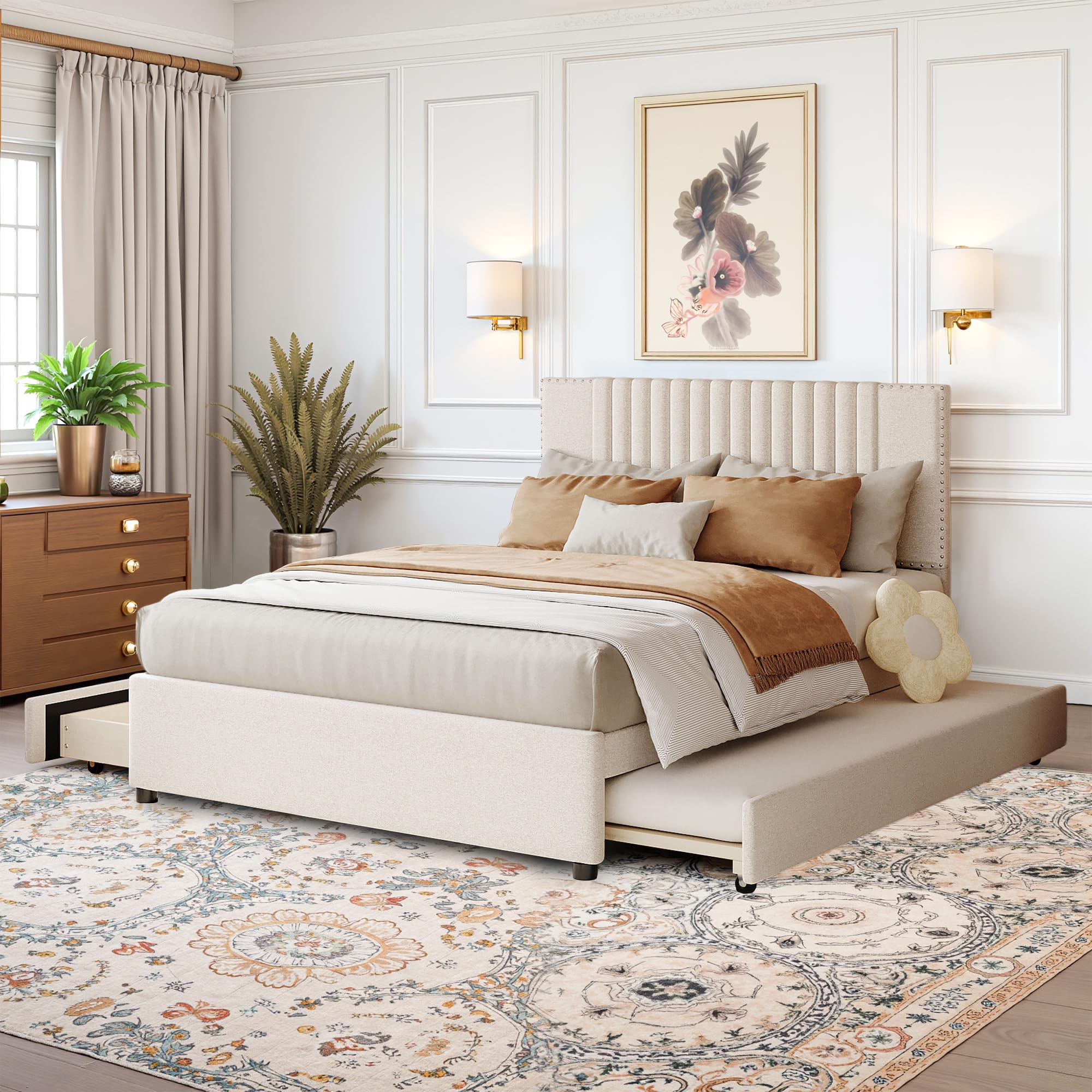 Photo 1 of **************BOX 1 OF 2/1 DE 2******* Lyngins Full Size Bed Frame with Headboard, Upholstered Platform Bed with 1 Twin Size Trundle and 2 Drawers, Linen Fabric Trundle Beds for Bedroom and Guestroom - Beige/Cream