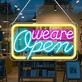 LED Neon Open Sign | 16.5" x 9" Dimmable | USB Powered, Pink/Blue/Yellow Light for Business Store Window