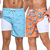 Mens Swim Trunks Swimsuits Board Shorts with Compression Liner 7'' Inseam Swimwear Bathing Suit for Men 2 PACK Quick Dry