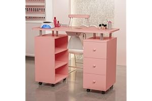 Paddie Manicure Table Nail Table Station, Nail Beauty Manicure Desk for Nail Tech w/Electric Downdraft Vent, Foldable Nail Arm Rest, Lockable Wheels, Storage 3-Tier Shelves & Drawers (Pink3)