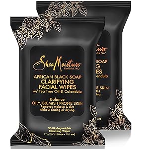 Shea Moisture Makeup Remover Face Wipes, African Black Soap, With Tea Tree Oil & Calendula, Removes Makeup & Dirt to Clarify Oily Blemish Prone Skin, Pack of 2; 30 Wipes Per Pack