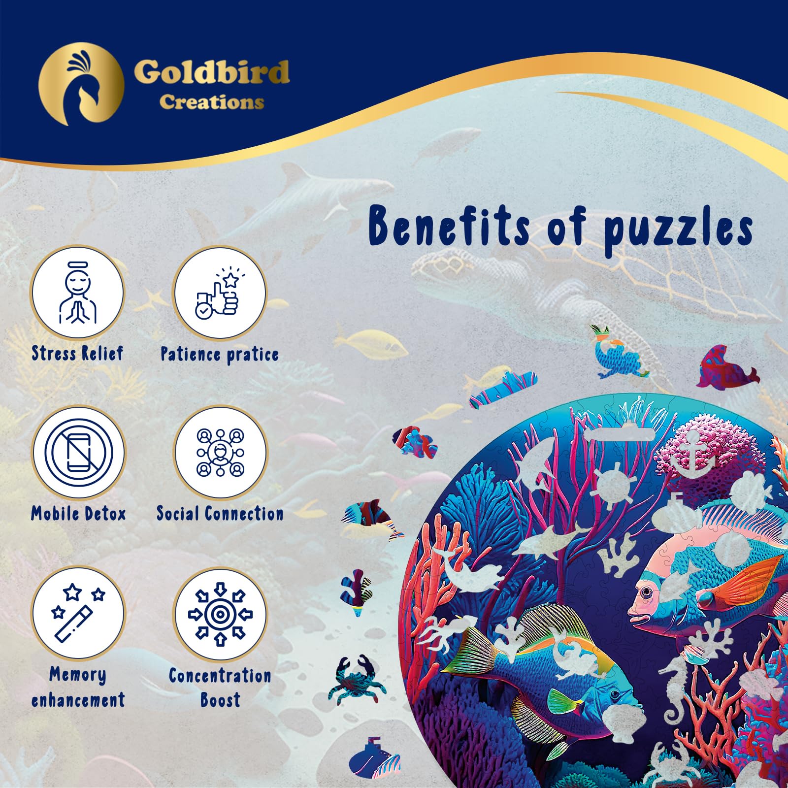 Wooden Jigsaw Puzzles for Adults - Animal Shaped Puzzles - Round Wooden Ocean Puzzles - Christmas & Birthday Gift Idea - Colorful Fishes