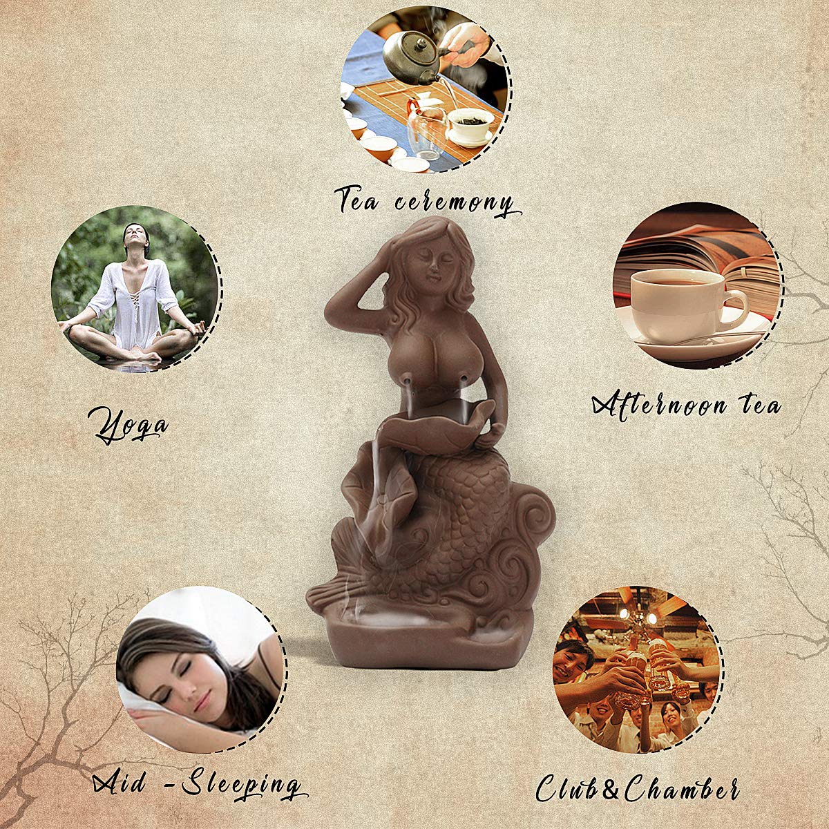 Jeteven Keramik Räucherstäbchenhalter Rückfluss Räuchergefäß Luftbefeuchter für Freies Kegel \'\'Meerjungfrau\'\' Aromatherapie Räucherstäbchen Rückfluss Weihrauch (8 x 7 x 17.5 cm)