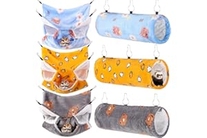 Sweetude 6 Pcs Rat Hammock Set Ferret Hanging Tunnel 3 Tier Guinea Pig Hammocks Hideout Soft Chinchilla Bed for Cage Accessories Hide,Play and Sleep (Sun,Bear)
